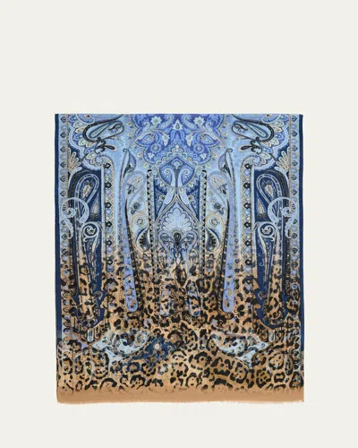 Etro Animal-print Paisley Wool Silk Scarf In Blue