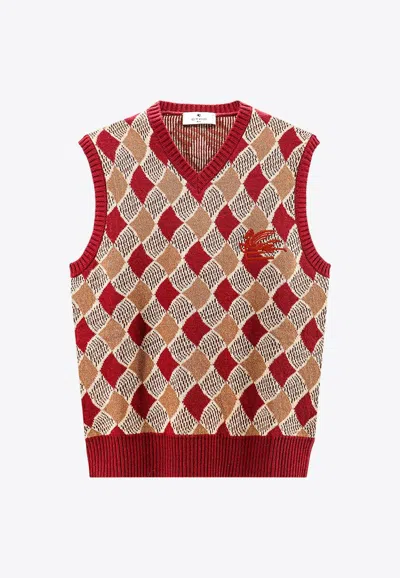 Etro Argyle Check Logo Vest In Wool In Red