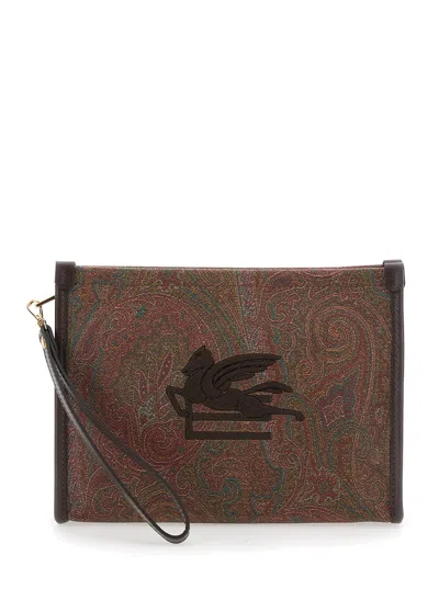Etro 'arnica' Brown Clutch With Embroidered Logo On The Front And All-over Motif In Cotton Blend Wom