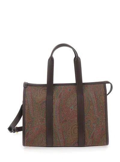 Etro Arnica Brown Medium Handbag With Adjustable And Removable Shoulder Strap And All-over Paisley Motif 