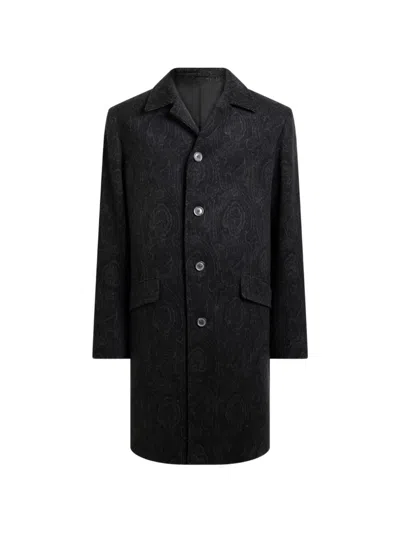 Etro Wool And Cashmere Jacquard Coat With Arnica Motif In Black