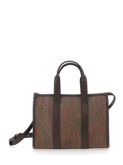 Etro Arnica Mini Handbag In Paisley Canvas With Adjustable & Removable Strap In Brown