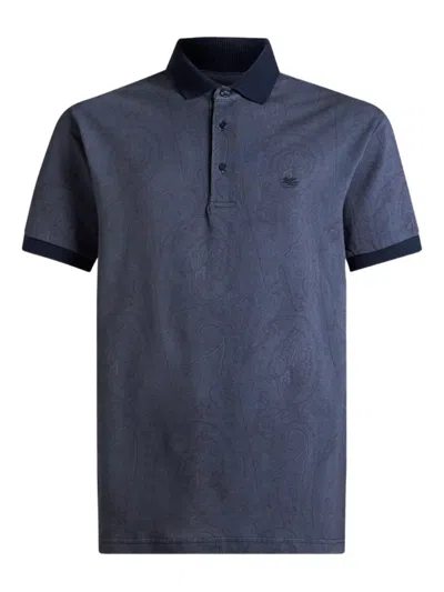 Etro Roma Paisley Pattern Polo Shirt Ribbed Collar In Blue