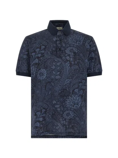 Etro Men Cotton Piquet Polo Shirt With Paisley Print In Blue