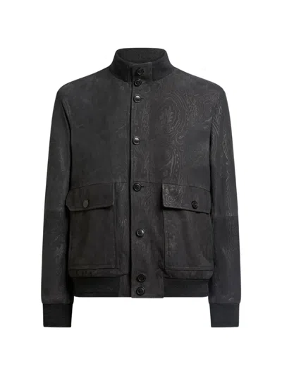 Etro Arnica Paisley-print Suede Bomber Jacket In Black