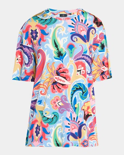 Etro Artwork-print Short-sleeve Viscose Jersey T-shirt In Blue Print 3