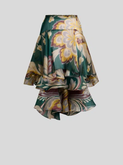 ETRO , ASYMETRISCHER MIDIROCK AUS SEIDE MIT FLORALEM MOTIV, DAMEN, GRÜN, GRÖSSE 46