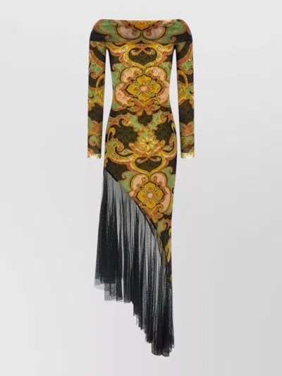 Etro Asymmetric Dress Double Layer Floral Draped In Multi