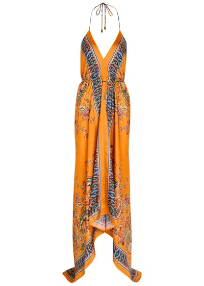 Etro Orange Long Sleeveless Dress With Rear Bow Closure And All-over Print In Silk Woman In Multi