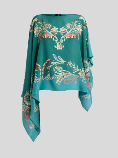 ETRO , ASYMMETRIC SILK PONCHO TOP WITH DAFFODIL MOTIF, WOMAN, LIGHT BLUE
