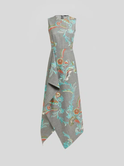 ETRO , ASYMMETRIC WOOL-BLEND MIDI DRESS WITH DAFFODIL PRINT, WOMAN, GREY, SIZE 46