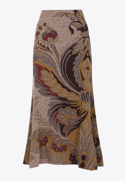 Etro Asymmetrical Paisley-jacquard Knitted Skirt In Brown