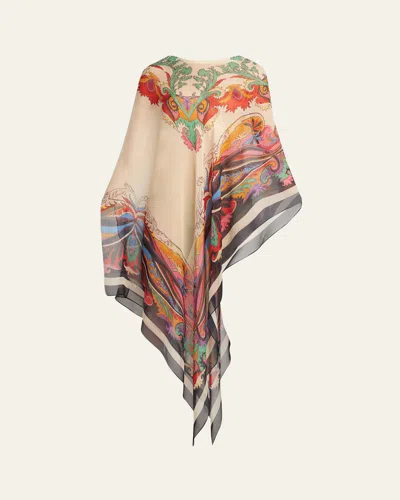 Etro Asymmetrical Paisley-print Long Poncho In White Print