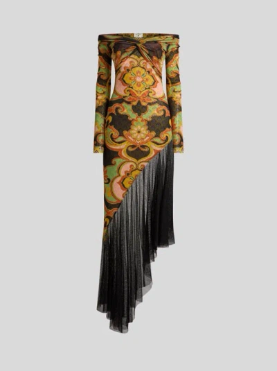 Etro Asymmetrical Midi Dress In Stretch Tulle With Traditional Floral Print In Multi