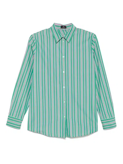 Etro Back Slit Striped Cotton Shirt In Green