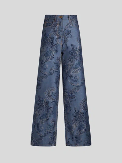 Etro , Baggy Jacquard Jeans, Woman, Navy Blue, Size 31