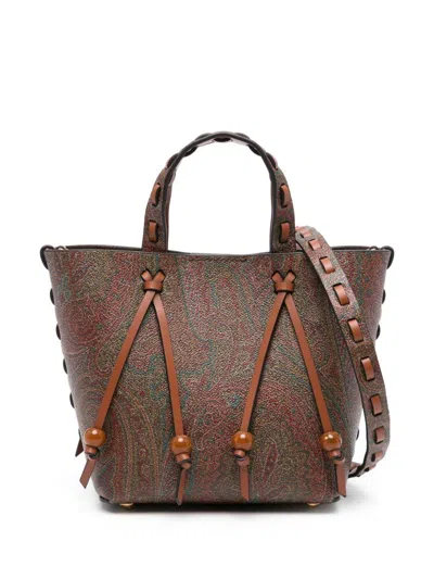 ETRO ETRO BROWN CALF LEATHER PAISLEY-PRINT TOTE BAG
