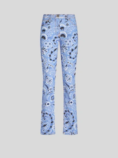 Etro Denim Jeans With Printed Bandana And Paisley In Clear Blue