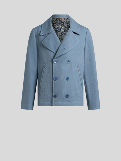 Etro , Cotton Pea Coat With Leather Detail, Man, Light Blue, Size M In Hellblau
