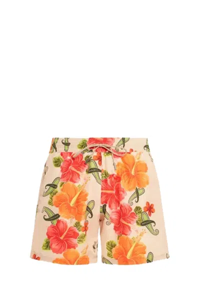 Etro Floral Printed Swim Shorts In Beige,orange