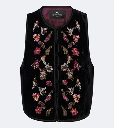 Etro Beaded Velvet Vest In Black
