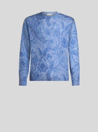 Etro Silk And Cashmere Sweater With Floral Arnica Motif In Blue
