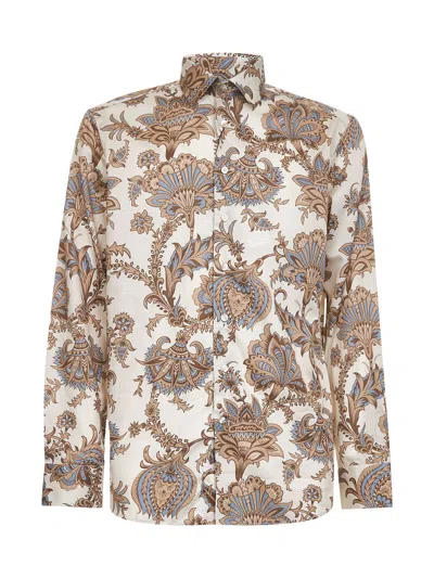 Etro Beige Maxi Flower Print Cotton Shirt In Nude