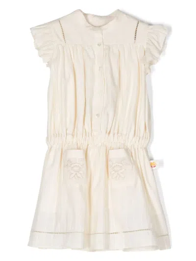 ETRO BEIGE PINSTRIPE DRESS WITH RUFFLES AND EMBROIDERY