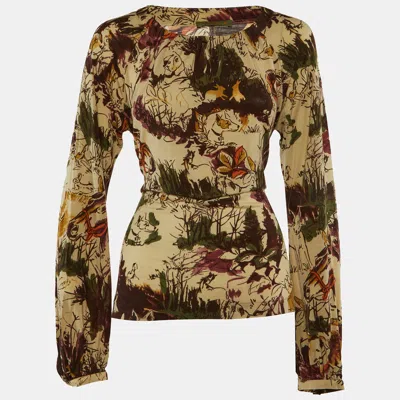 Pre-owned Etro Beige Printed Wool Blend Long Leeve Top L In Sand