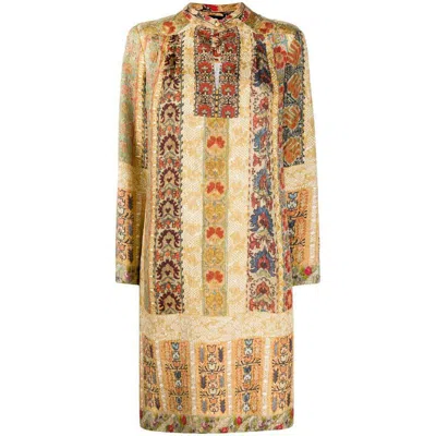 Pre-owned Etro Beige Silk Floral Stripe Long Sleeve Shift Dress 42 M In Brown