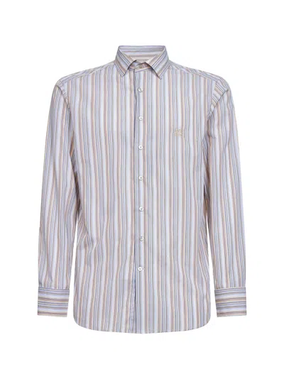 Etro Beige Striped Cotton Shirt With Pegaso Embroidery In Blue