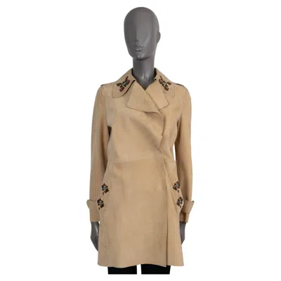 Pre-owned Etro Beige Suede Bead Embellished Coat Jacket 42 M In Brown