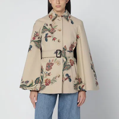Etro Beige Trench-cape With Floral Print Women In Multi