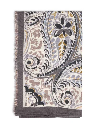Etro Beige Wool And Silk Scarf With Floral Paisley Pattern In Multi