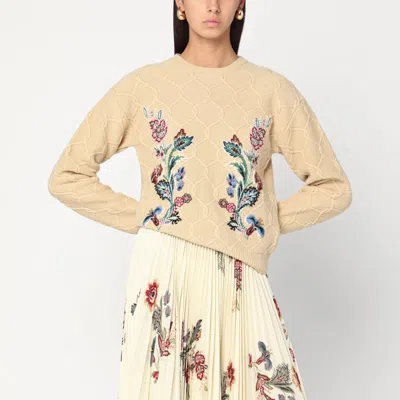 Etro Beige Wool Sweater With Embroidery In Sand