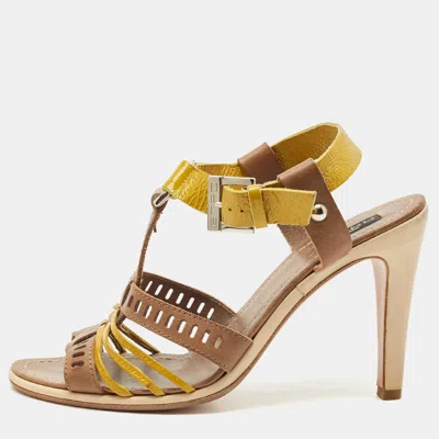 Pre-owned Etro Beige/lime Green Patent And Leather Perforated Ankle Strap Sandals Size 39