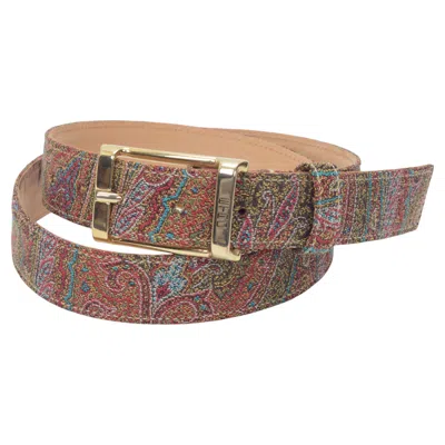 Pre-owned Etro Belt In Iconic Paisley Jacquard Canvas Multi-color With Gold Colored Buckle In Brown