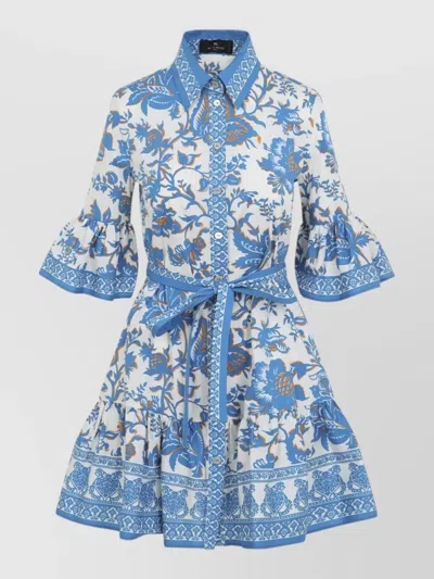 Etro Belted Floral Cotton Midi Dress Shirt In Blue
