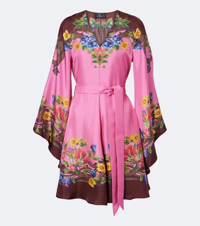 Etro Belted Floral Silk Satin Minidress In Multi