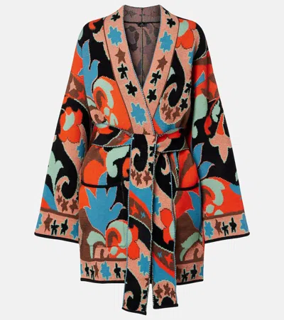Etro Belted Jacquard Wool-blend Wrap Cardigan In Multi
