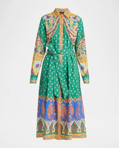 Etro Belted Paisley Cotton Midi Shirtdress In Green