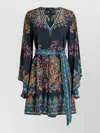 Etro Paisley Silk Belted Bell-sleeve Mini Dress In Blue