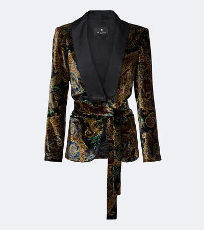 Etro Belted Paisley Satin-trimmed Velvet Blazer In Multi