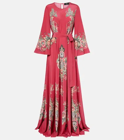 Etro Belted Printed Silk Maxi Dress In Red
