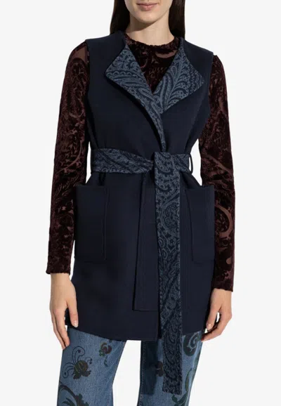 Etro Belted Wool Long Waistcoat Vest In Navy