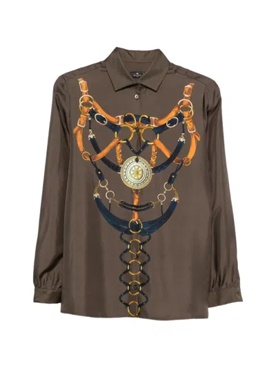 Etro Belt-print Silk Shirt In Brown