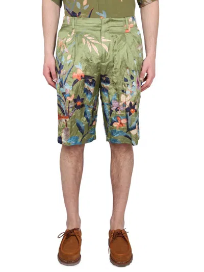 Etro Pleated Floral-print Satin Shorts In Green