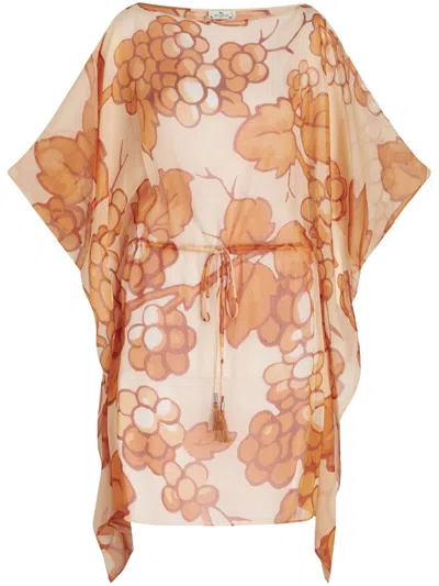 Etro Short Caftan With Berry Print In Orange