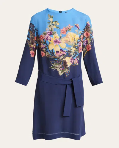 Etro Bi-color Floral-print 3/4-sleeve Belted Dress In Multi