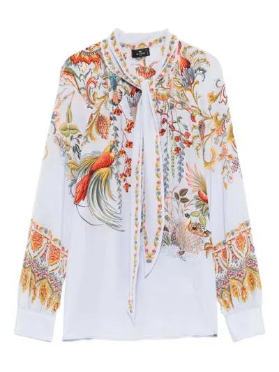 Etro Bird Print Blouse With Tie Collar In White